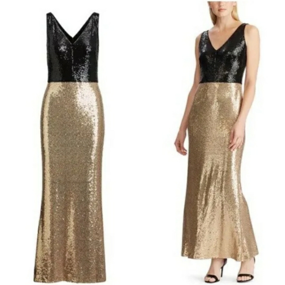NWT RALPH LAUREN SEQUIN GOLD/BLACK GOWN SIZE 10